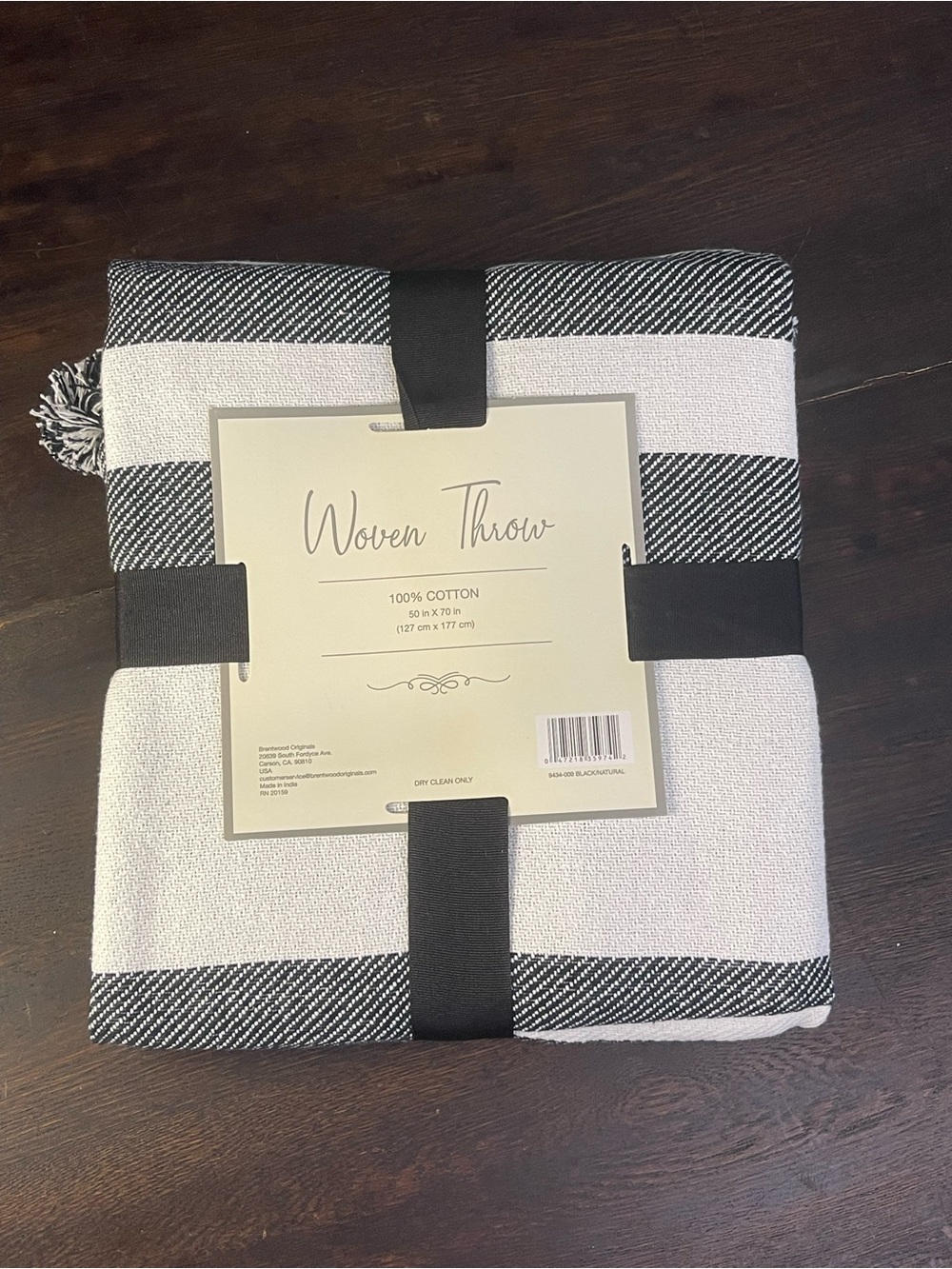 Woven Throw Blanket Black Off White 100% Cotton 50”x70” Striped Pompoms Gift